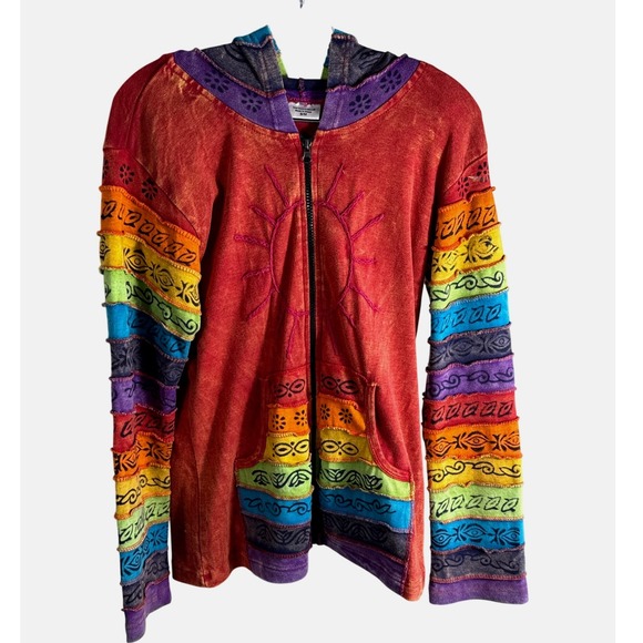 GreaterGood Tops - GreaterGood Nepal Rainbow Patchwork Sun Embroidery Zip Up Hoodie S/M Boho Hippie